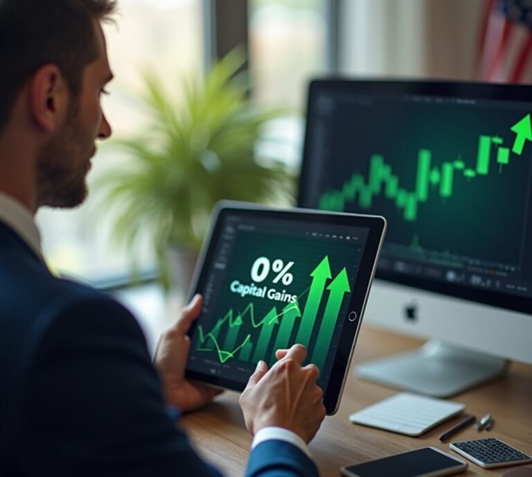 Investor reviewing tax-free gain strategy on laptop