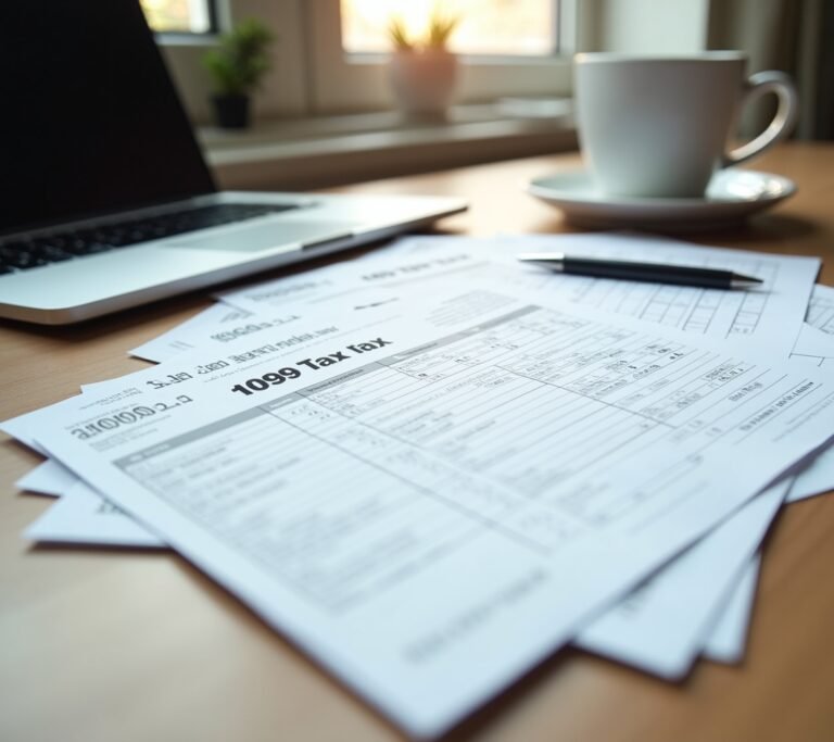 Freelancer organizing multiple 1099 forms on a desk