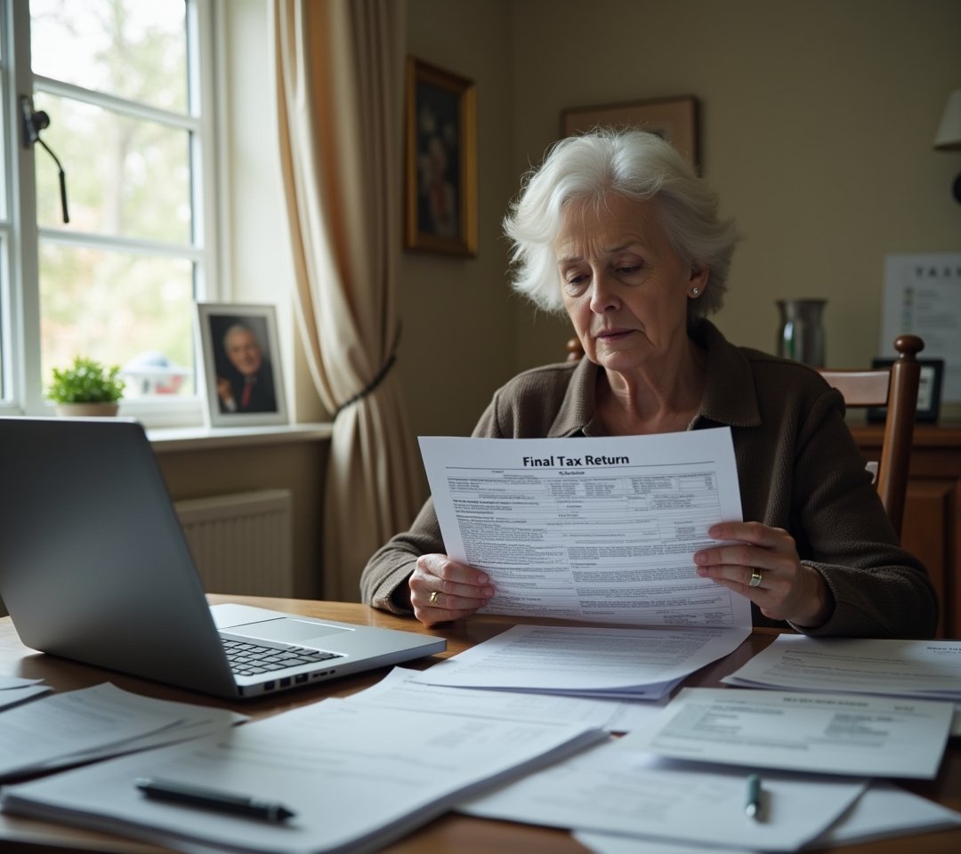 Surviving spouse reviewing tax documents at home desk